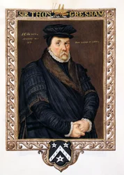 Porträtt av Sir Thomas Gresham (ca 1519-79) från "Memoirs of the Court of Queen Elizabeth" efter porträttet av Antonio Mor, publicerat 1825 (wc och gouache på papper)